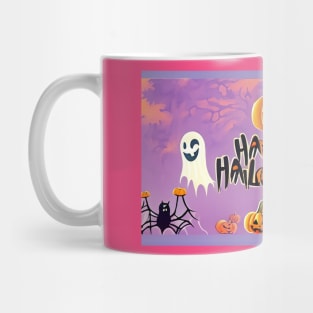 Halloween Background with Pumpkins, Ghosts, Bats, and Spiders Mug